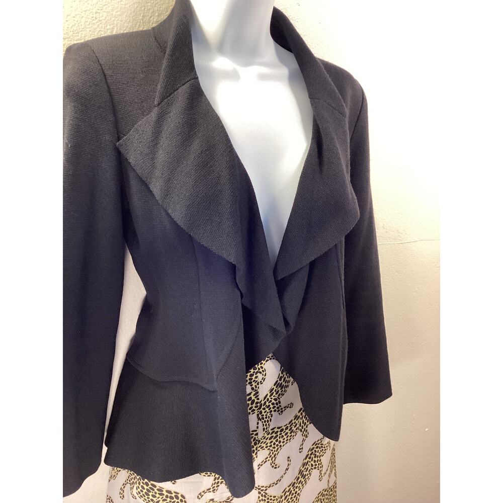 ST. JOHN CAVIAR Black Open Cardigan Ruffle Edge Wool Jacket Evening Blazer 2